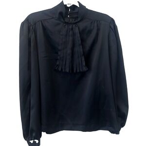 Vintage Ship And Shore Black Blouse Pleated Tuxedo Style Bib Secretary Boss Lady